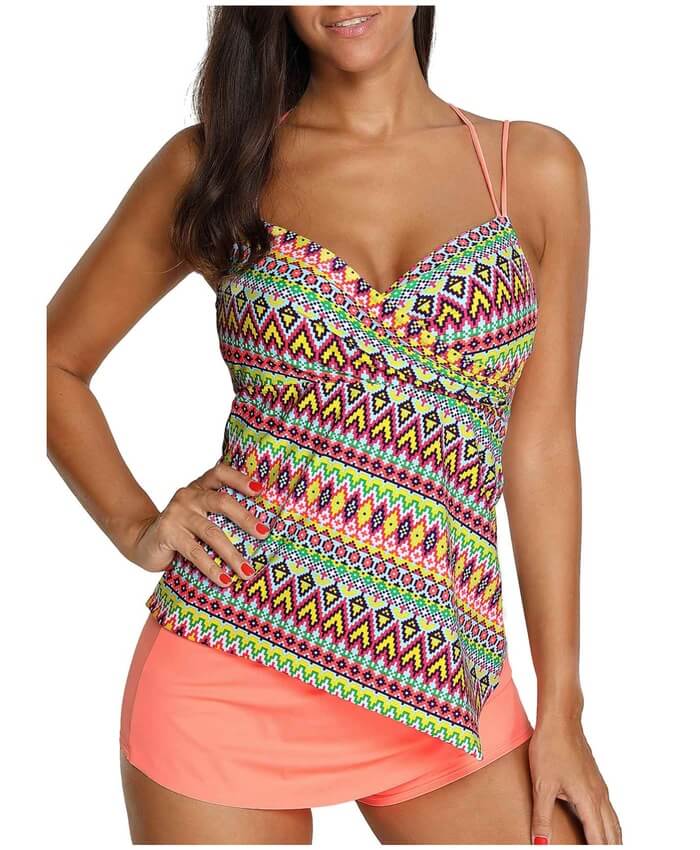 Asymmetric Hem Printed Strappy Back Tankini Set